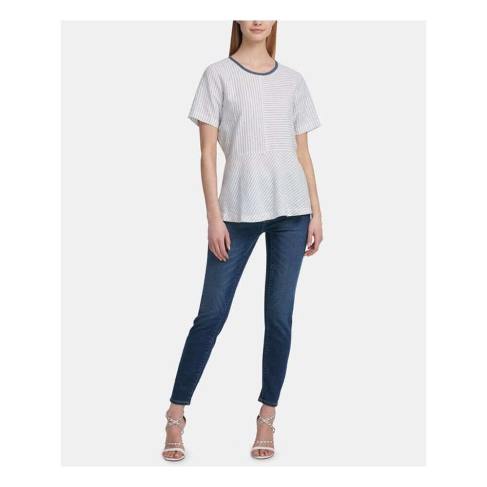 DKNY Womens Blue Pinstripe Short Sleeve Jewel Neck Peplum Top S